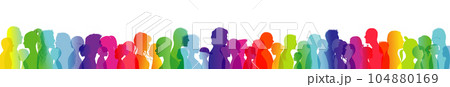 Crowd talking. Dialogue between people of different ages and ethnic groups. Rainbow colored profile silhouette. Many different people talking. Diversity between people. Multiple exposure Crowd talking. Dialogue between people of different ages and ethnic groups. Rainbow colored profile silhouette. Many different people talking. Diversity between people. Multiple exposure 104880169