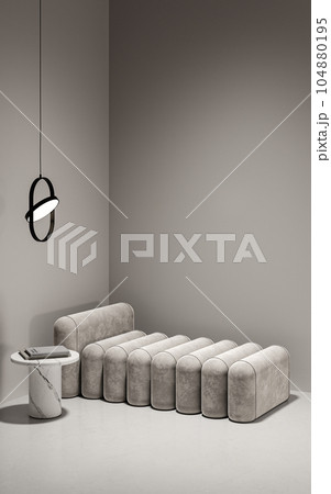 Conceptual interior room with gray wall. Creative composition bench with lamp, marble table in pastel color. Mockup empty background. 3d rendering. High quality 3d illustration Conceptual interior room with gray wall. Creative composition bench with lamp, marble table in pastel color. Mockup empty background. 3d rendering. High quality 3d illustration 104880195
