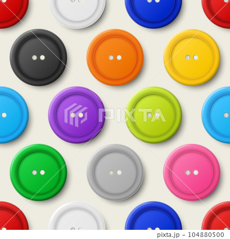 Vector Seamless Pattern with 3d Realistic Buttons for Clothes Closeup Isolated. Fashion, Art, Needlework, Sewing, Scrapbooking Decor. Round Clothes Sewing Button Collection, Front View Vector Seamless Pattern with 3d Realistic Buttons for Clothes Closeup Isolated. Fashion, Art, Needlework, Sewing, Scrapbooking Decor. Round Clothes Sewing Button Collection, Front View 104880500