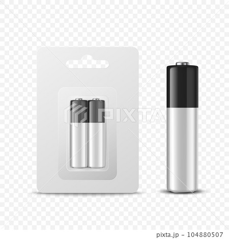 Vector 3d Realistic Two Alkaline Black and White Battery in Paper Blister and Battery Icon Closeup Set Isolated. AA Size, Vertical Position. Design Template for Branding, Mockup Vector 3d Realistic Two Alkaline Black and White Battery in Paper Blister and Battery Icon Closeup Set Isolated. AA Size, Vertical Position. Design Template for Branding, Mockup 104880507