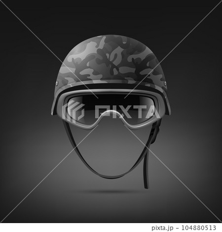 Vector 3d Realistic Military Helmet with Protect Glasses Icon Set Closeup. Helmet, Army Symbol of Defense and Protect. Soldier Helmet Design Template 104880513