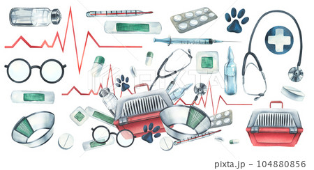 Veterinary equipment. Watercolor illustration. . For the design and decoration of clinics, hospitals, first-aid posts, pharmacies for animals. Composition with elements on a white background. Veterinary equipment. Watercolor illustration. . For the design and decoration of clinics, hospitals, first-aid posts, pharmacies for animals. Composition with elements on a white background. 104880856