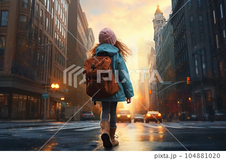 Little girl with backpack go to elementary school. 104881020