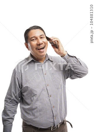old asian man talking on phone happily in white background 104881310