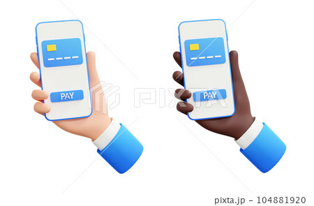 Online payment and electronic wallet or banking 3d render. Human hand in suit holds smartphone with credit card and Pay button on screen - safe e-commerce purchase or money storage concept. 104881920