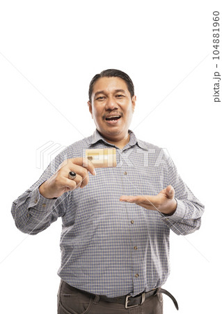 old asian man holding credit card showing it happily white background 104881960