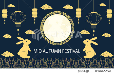 Mid Autumn Festival backgrounf with rabbit, full moon,clouds and Chinese lanterns.Chuseok.Vector illustration 104882258