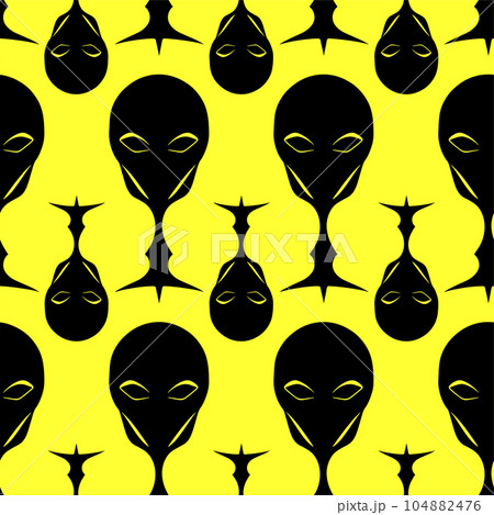 seamless pattern black graphic aliens on yellow background, texture, design 104882476