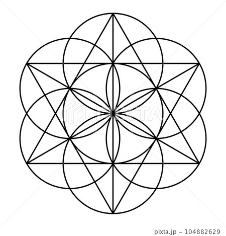 Seed of Life, seven overlapping circles, form the basic shape to create a hexagram (sexagram), an ancient geometric figure and Sacred Geometry, used as Star of David, or in the Heart Chakra symbol. Seed of Life, seven overlapping circles, form the basic shape to create a hexagram (sexagram), an ancient geometric figure and Sacred Geometry, used as Star of David, or in the Heart Chakra symbol. 104882629