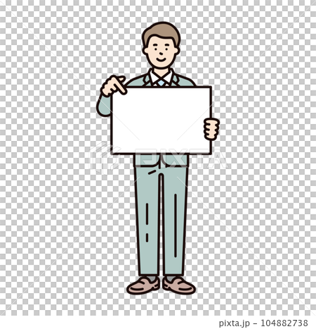 Image illustration material of a male business person holding a message board and pointing and explaining 104882738