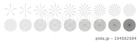 Circular bursts, beams, and rays. Monochrome graphics, optical patterns, and glowing black elements. Vector isolated illustration. 104882884