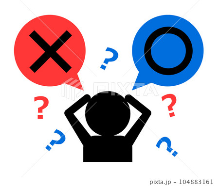 マルとバツの二択の選択肢に悩んで苦悩する人物イラスト 104883161
