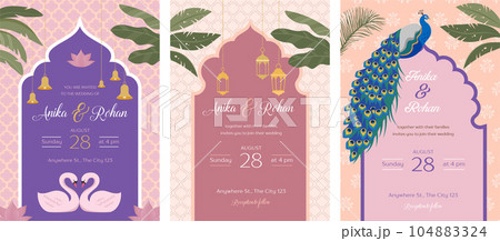 Indian Wedding Invitation and Save the date templates set. Exotic wedding theme with palms and 104883324