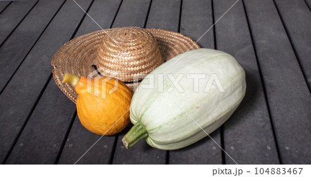 麦わら帽子と収穫したコリンキーとそうめんカボチャ 104883467
