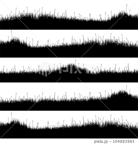Meadow silhouettes with grass, plants on plain. Panoramic summer lawn landscape with herbs, various weeds. Herbal border, frame element. Black horizontal banners. Vector illustration 104883985