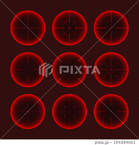 Various weapon thermal infrared sights, sniper rifle optical scopes. Hunting gun viewfinder with crosshair. Aim, shooting mark symbol. Military target sign. Game UI element. Vector illustration Various weapon thermal infrared sights, sniper rifle optical scopes. Hunting gun viewfinder with crosshair. Aim, shooting mark symbol. Military target sign. Game UI element. Vector illustration 104884001
