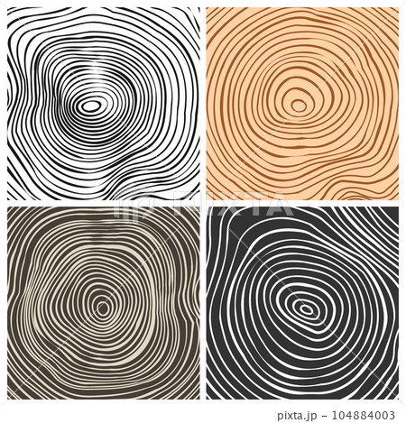 Tree trunk cut textures, pine or oak slice. Sawn timber, wood. Brown wooden texture with tree rings. Hand drawn sketch. Vector illustration 104884003