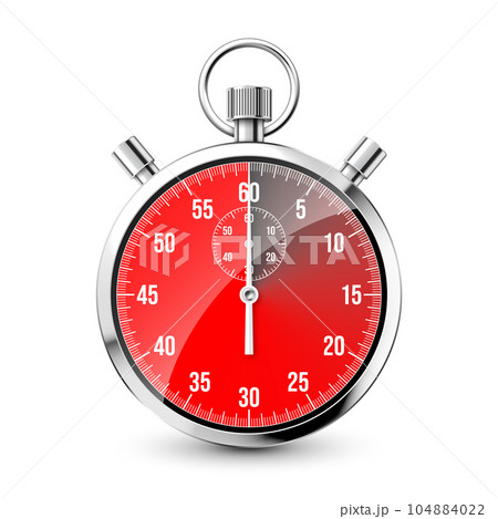 Realistic classic stopwatch. Shiny metal chronometer, time counter with dial. Red countdown timer showing minutes and seconds. Time measurement for sport, start and finish. Vector illustration Realistic classic stopwatch. Shiny metal chronometer, time counter with dial. Red countdown timer showing minutes and seconds. Time measurement for sport, start and finish. Vector illustration 104884022