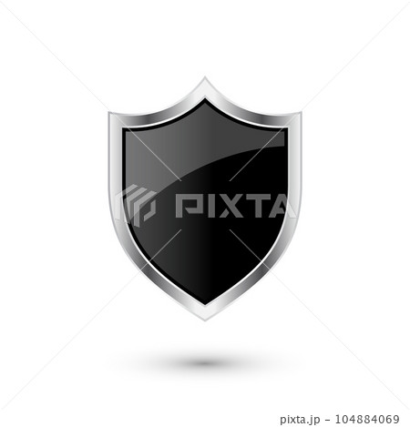Vintage heraldic 3d shield icon with shiny metal frame. Black protection, security and defence symbol. Medieval design element. Vector illustration 104884069