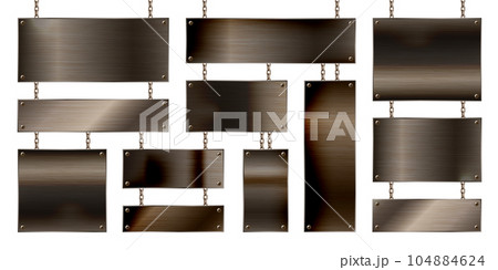 Metal banners hanging on a chain. Realistic shiny steel plate with screws. Polished rusty metal surface. Vector illustration Metal banners hanging on a chain. Realistic shiny steel plate with screws. Polished rusty metal surface. Vector illustration 104884624