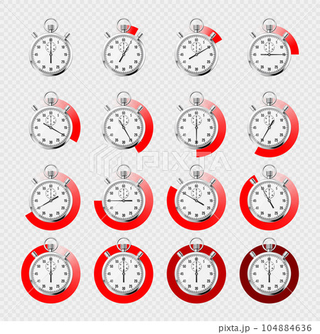 Realistic classic stopwatch. Shiny metal chronometer, time counter with dial. Red countdown timer showing minutes and seconds. Time measurement for sport, start and finish. Vector illustration Realistic classic stopwatch. Shiny metal chronometer, time counter with dial. Red countdown timer showing minutes and seconds. Time measurement for sport, start and finish. Vector illustration 104884636