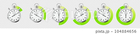 Realistic classic stopwatch. Shiny metal chronometer, time counter with dial. Green countdown timer showing minutes and seconds. Time measurement for sport, start and finish. Vector illustration 104884656