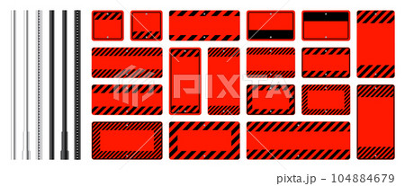 Warning, danger signs, attention banners with metal poles. Blank red caution sign, construction site signage. Notice signboard, warning banner, road shield. Vector illustration 104884679