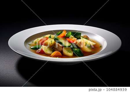 marvelous vegetable stew on a plate, black background, illustration, generative ai marvelous vegetable stew on a plate, black background, illustration, generative ai 104884939