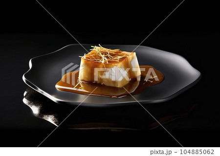 traditional tikoy cake on a plate, black background, illustration, generative ai 104885062