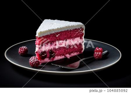 tasty velvet cake on a plate, black background, illustration, generative ai 104885092