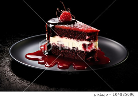 delicious slice of velvet cake on a plate, black background, illustration, generative ai 104885096