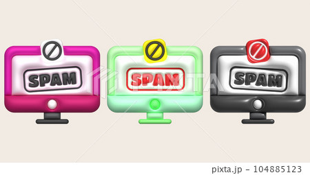 3D illustration. Computer spam virus message notification. Spam pop-up warning. 3D illustration. Computer spam virus message notification. Spam pop-up warning. 104885123