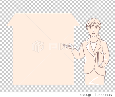 矢量插圖：一個穿著西裝、微笑、有房子形框架的女人 104885535