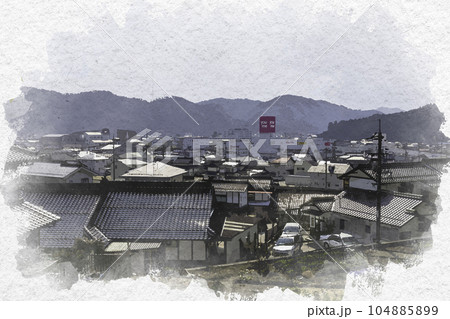 水彩画風　安芸高田市街　吉田町眺望　広島県安芸高田市 104885899