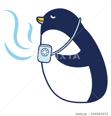 ミニ扇風機を首にかけたペンギンのイラスト 104885972