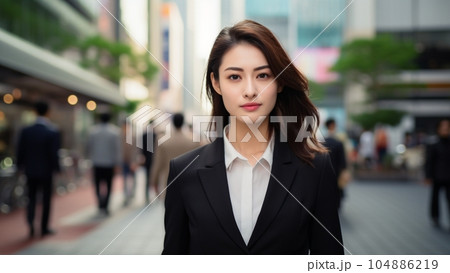 自信に満ちた表情でコチラを見つめるスーツ姿のビジネスウーマン 自信に満ちた表情でコチラを見つめるスーツ姿のビジネスウーマン 104886219