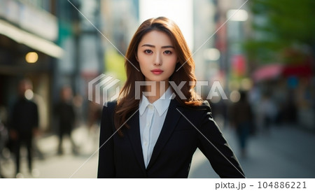 自信に満ちた表情でコチラを見つめるスーツ姿のビジネスウーマン 自信に満ちた表情でコチラを見つめるスーツ姿のビジネスウーマン 104886221