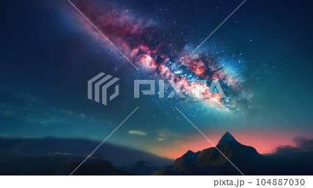 夜空の天の川と山のシルエット 104887030