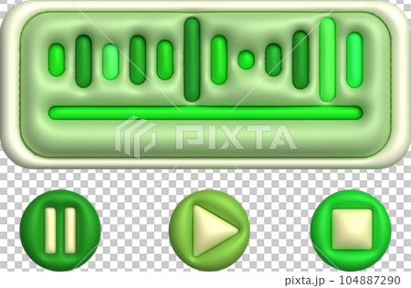 3D illustration Dynamic sound wave, radio frequency modulation, music play button, music pause button. 3D illustration Dynamic sound wave, radio frequency modulation, music play button, music pause button. 104887290