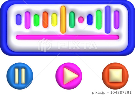 3D illustration Dynamic sound wave, radio frequency modulation, music play button, music pause button. 104887291
