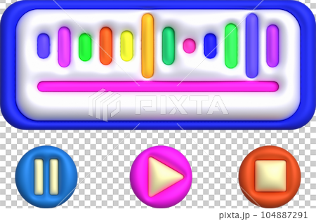 3D illustration Dynamic sound wave, radio frequency modulation, music play button, music pause button. 104887291