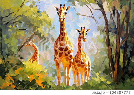 Beautiful painting of a family of giraffes resting under the trees in the forest. Wildlife Animals. Illustration, Generative AI. 104887772