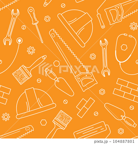 Vector seamless pattern on an orange background for the International Labor Day with tools. Vector seamless pattern on an orange background for the International Labor Day with tools. 104887801