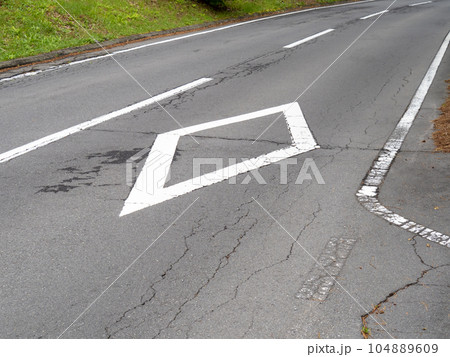 路面に描かれたダイヤマーク。道路標示(指示標示)「横断歩道又は自転車横断帯あり」。 104889609