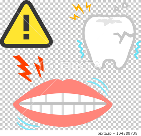 A deformed illustration of a clenching mouth and worn teeth 104889739