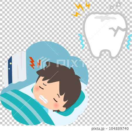 A man who grinds his teeth while sleeping and his worn out teeth 104889740