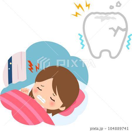 睡眠中に歯ぎしりする女性と擦り減った歯 104889741