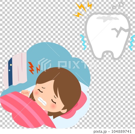 睡眠中に歯ぎしりする女性と擦り減った歯 104889741