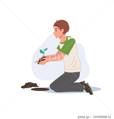 A man holding small green plant in their hands with dirt for plant it. Flat vector cartoon illustration 104890612