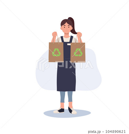 Concept of using of recycled paper bag to save the global warming. woman holding recyclable craft bag in both hands. 104890621